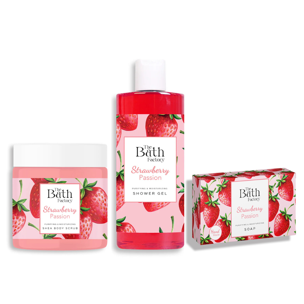 Erdbeer Duschgel, Körperpeeling und Seife