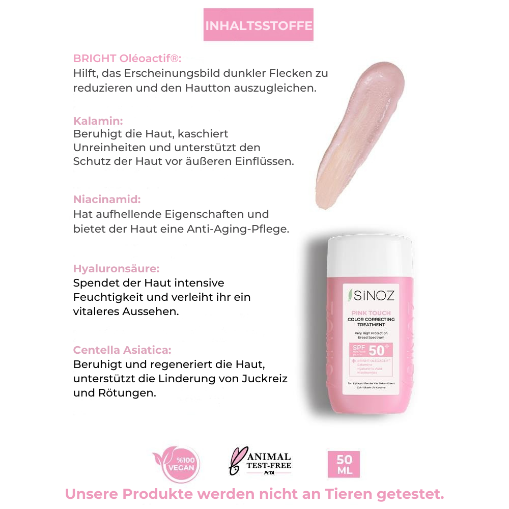 Sinoz Pink Touch getönte Flüssigsonnencreme SPF50 – Speziell für helle Hauttypen